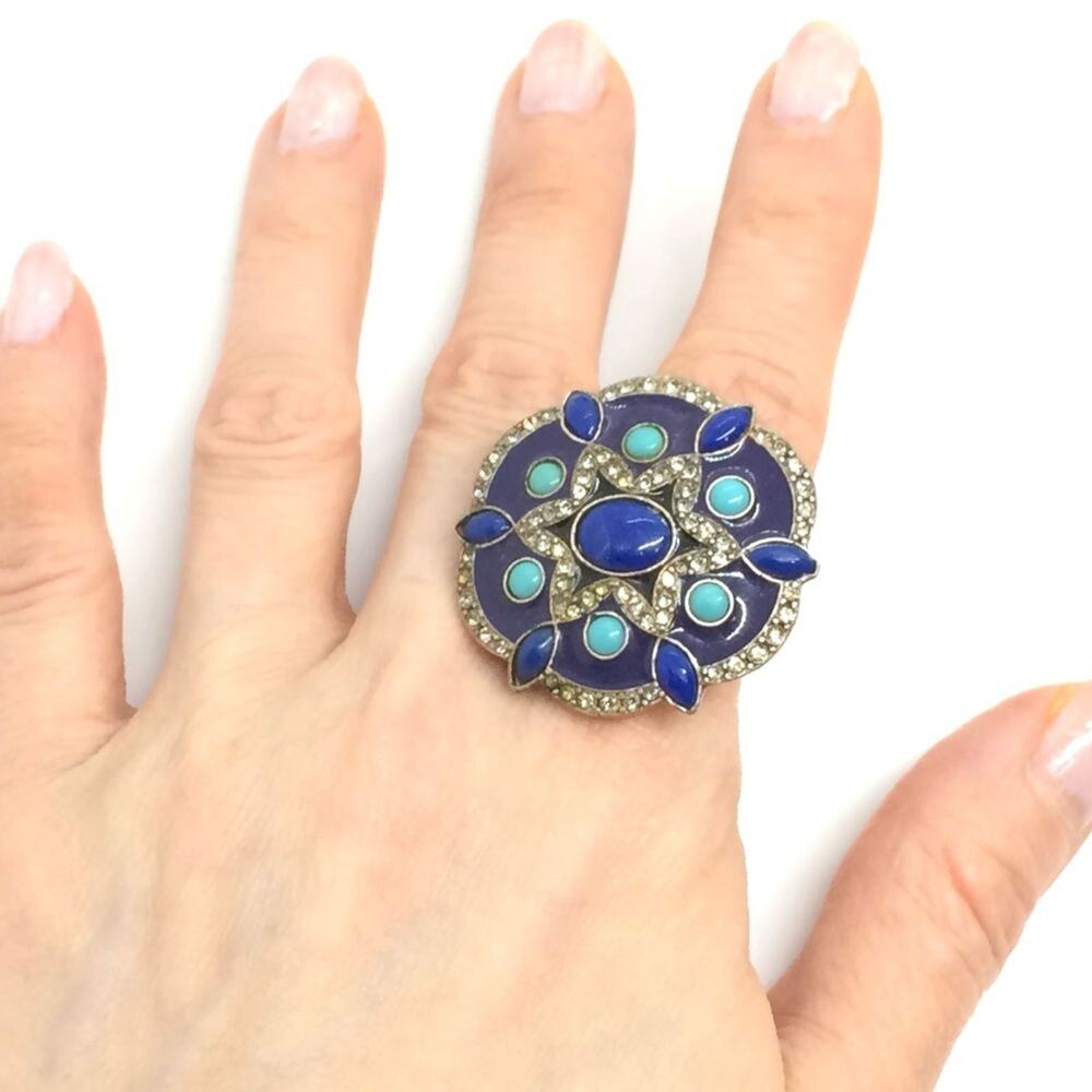 BLUE ENAMEL RING Moroccan Style Faux Turquoise Statement 6.75